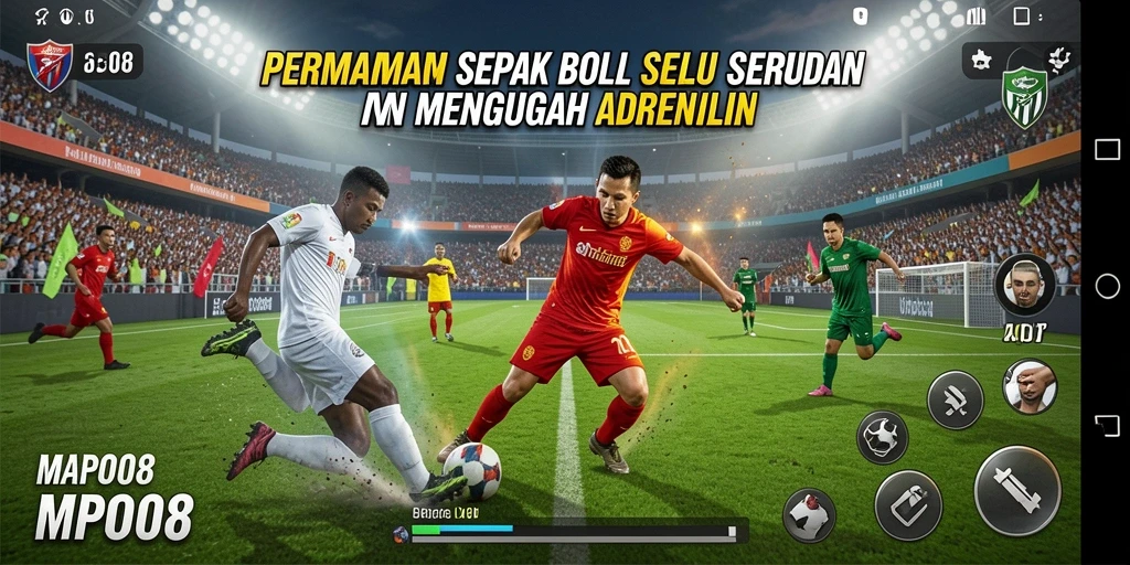 Tampilan gameplay MPO08 dengan aksi sepak bola seru di lapangan.