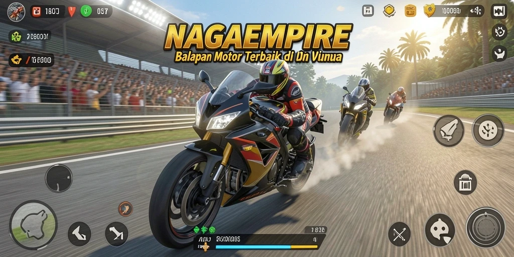 Screenshot gameplay NAGAEMPIRE menampilkan balapan motor yang seru dan cepat.