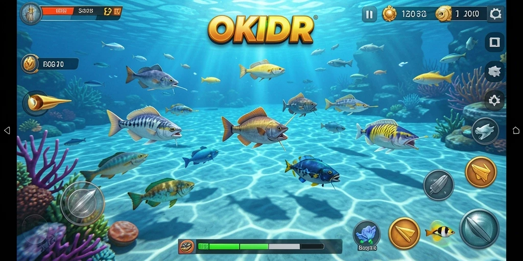 Screenshot gameplay OKIDR menampilkan aksi seru menembak ikan.