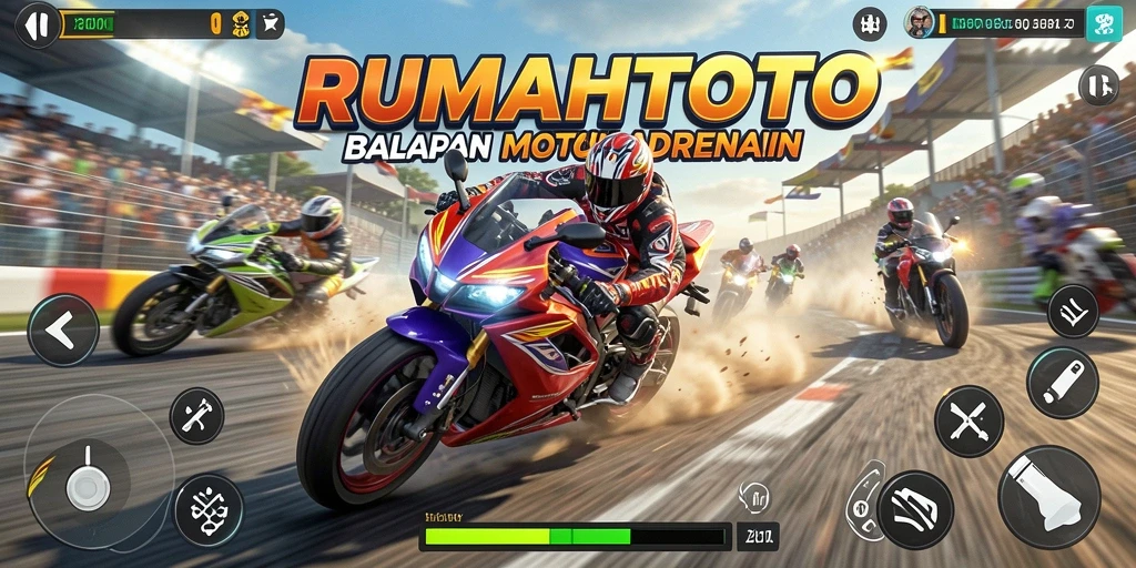 Tampilan gameplay RUMAHTOTO dengan motor balap yang memukau.