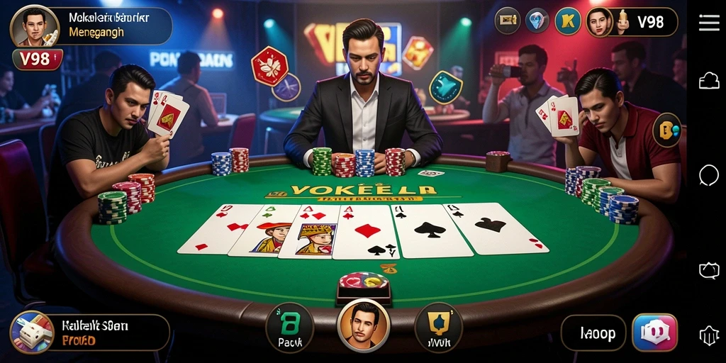 Tangkapan layar V98 menunjukkan pemain menikmati pertandingan Poker yang intens.