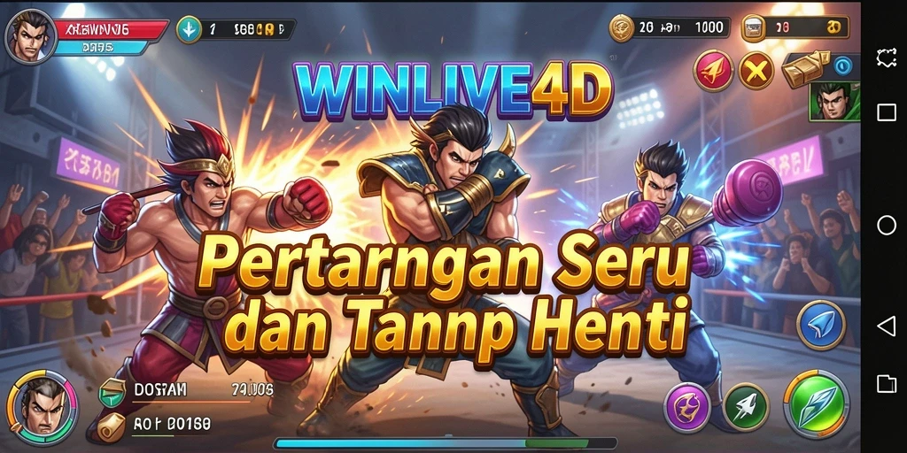 Screenshot utama WINLIVE4D menampilkan aksi pertempuran yang mendebarkan.